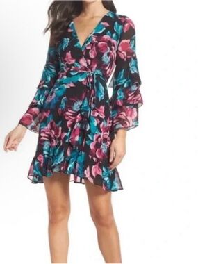 Floral Wrap Dress with Ruffle Sleeves - Black Pink Blue Charles Henry Large